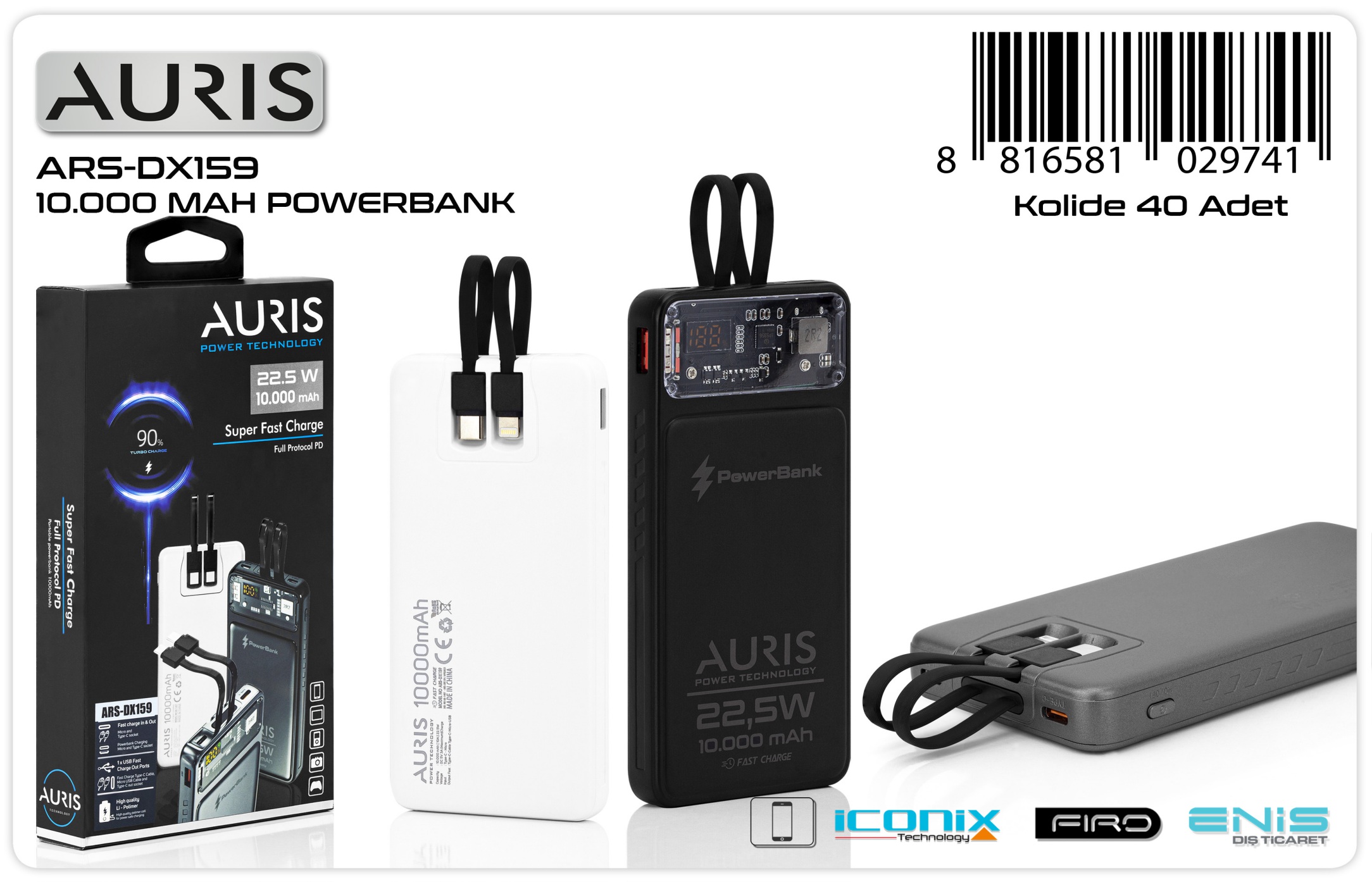Auris SİYAH Dx159 10-000 mAh 22-5W Çift Girişli Süper Hızlı Taşınabilir Şarj Aleti Powerbank
